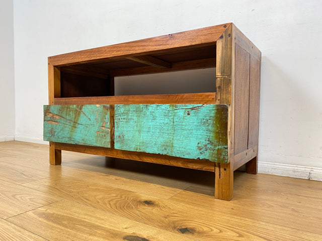 Boatwood by WMK I Besonders TV Lowboard mit Schubladen in Meeresblau I handgefertigtes Unikat aus altem Bootsholz I Teakholz massiv I Sideboard Kommode Bank Rack Fernsehkommode Berlin Augsburg Hamburg