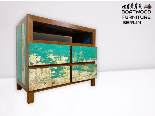 Wunderschöne und nachhaltige Kommode aus altem Boots Holz in Originalfarben mit Schubladen I Fernsehkommode TV Board Lowboard Sideboard Schubladenkommode I
