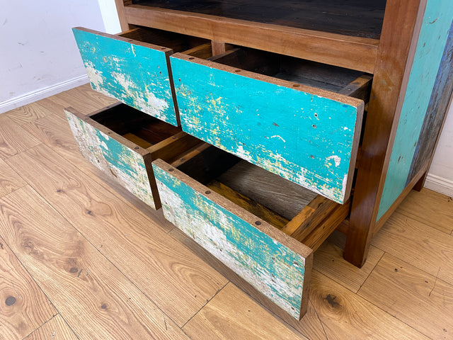 Wunderschöne und nachhaltige Kommode aus altem Boots Holz in Originalfarben mit Schubladen I Fernsehkommode TV Board Lowboard Sideboard Schubladenkommode I