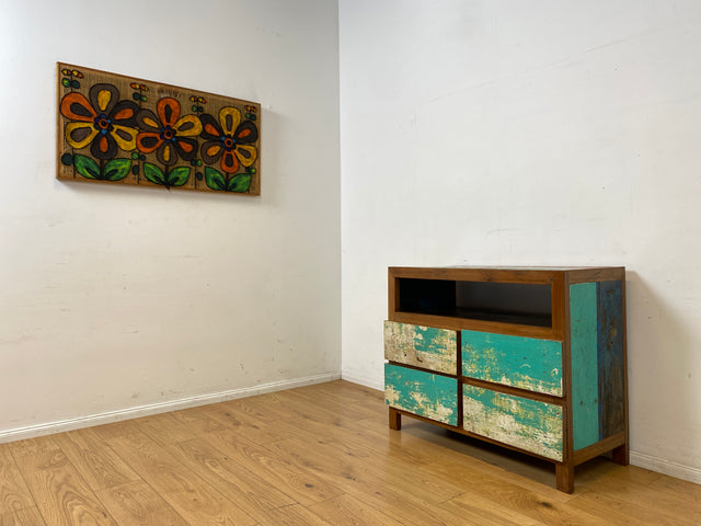 Wunderschöne und nachhaltige Kommode aus altem Boots Holz in Originalfarben mit Schubladen I Fernsehkommode TV Board Lowboard Sideboard Schubladenkommode I