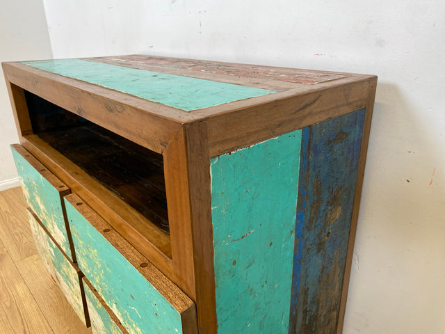 Wunderschöne und nachhaltige Kommode aus altem Boots Holz in Originalfarben mit Schubladen I Fernsehkommode TV Board Lowboard Sideboard Schubladenkommode I