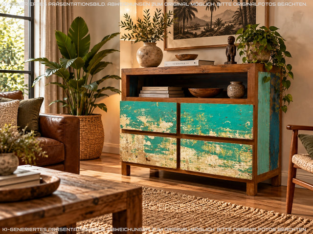 Wunderschöne und nachhaltige Kommode aus altem Boots Holz in Originalfarben mit Schubladen I Fernsehkommode TV Board Lowboard Sideboard Schubladenkommode I