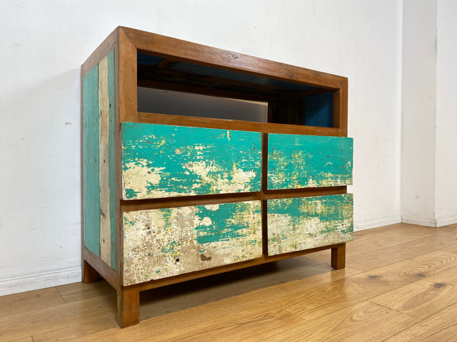 Wunderschöne und nachhaltige Kommode aus altem Boots Holz in Originalfarben mit Schubladen I Fernsehkommode TV Board Lowboard Sideboard Schubladenkommode I