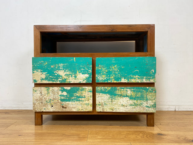 Wunderschöne und nachhaltige Kommode aus altem Boots Holz in Originalfarben mit Schubladen I Fernsehkommode TV Board Lowboard Sideboard Schubladenkommode I