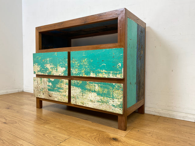 Wunderschöne und nachhaltige Kommode aus altem Boots Holz in Originalfarben mit Schubladen I Fernsehkommode TV Board Lowboard Sideboard Schubladenkommode I