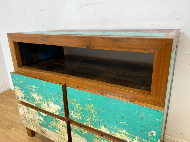 Wunderschöne und nachhaltige Kommode aus altem Boots Holz in Originalfarben mit Schubladen I Fernsehkommode TV Board Lowboard Sideboard Schubladenkommode I