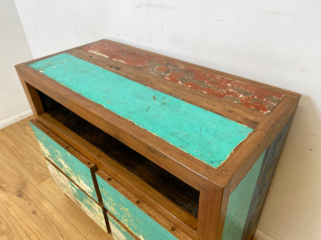 Wunderschöne und nachhaltige Kommode aus altem Boots Holz in Originalfarben mit Schubladen I Fernsehkommode TV Board Lowboard Sideboard Schubladenkommode I