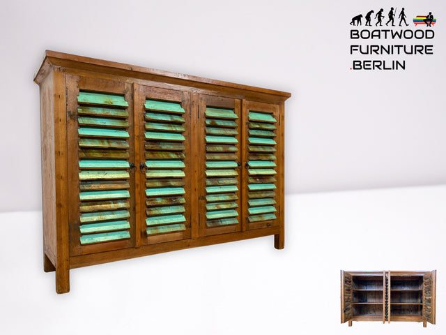Originelles Highboard handgefertigt aus altem Bootsholz mit Lamellen Türen I Schrank Sideboard Kommode Anrichte Küchenschrank Schuhschrank Flurkommode Flurschrank I