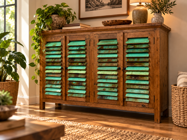 Originelles Highboard handgefertigt aus altem Bootsholz mit Lamellen Türen I Schrank Sideboard Kommode Anrichte Küchenschrank Schuhschrank Flurkommode Flurschrank I