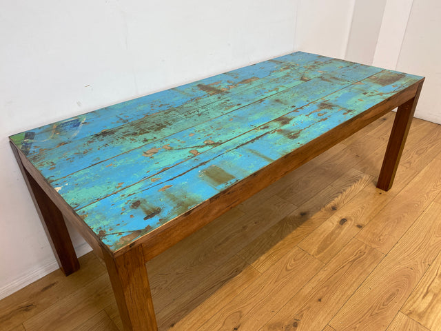 Einzigartiger 200x90cm großer meeresblauer Esstisch handgefertigt aus altem Bootsholz  I Teakholz massiv I Tisch Küchentisch Gartentisch Holztisch Dining Table I