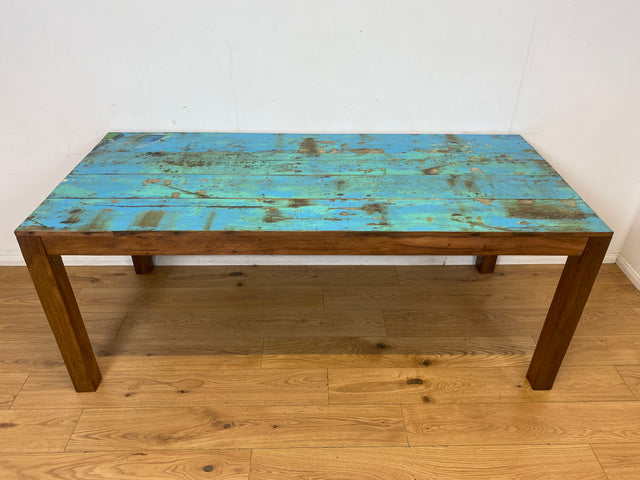 Einzigartiger 200x90cm großer meeresblauer Esstisch handgefertigt aus altem Bootsholz  I Teakholz massiv I Tisch Küchentisch Gartentisch Holztisch Dining Table I
