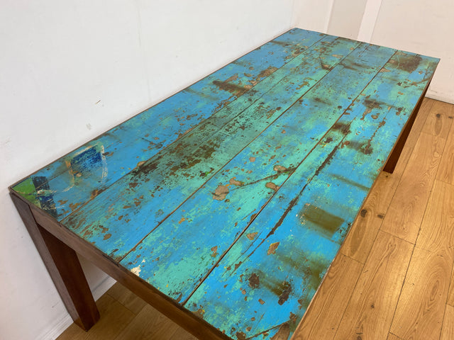 Einzigartiger 200x90cm großer meeresblauer Esstisch handgefertigt aus altem Bootsholz  I Teakholz massiv I Tisch Küchentisch Gartentisch Holztisch Dining Table I