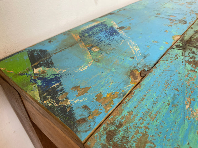 Einzigartiger 200x90cm großer meeresblauer Esstisch handgefertigt aus altem Bootsholz  I Teakholz massiv I Tisch Küchentisch Gartentisch Holztisch Dining Table I