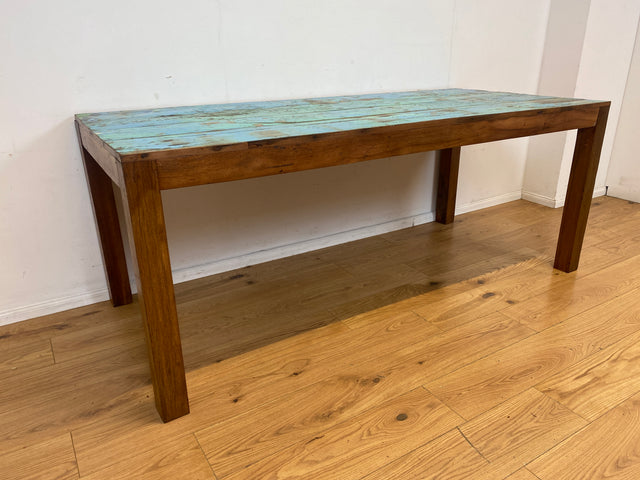 Einzigartiger 200x90cm großer meeresblauer Esstisch handgefertigt aus altem Bootsholz  I Teakholz massiv I Tisch Küchentisch Gartentisch Holztisch Dining Table I