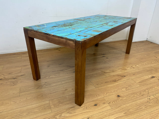 Einzigartiger 200x90cm großer meeresblauer Esstisch handgefertigt aus altem Bootsholz  I Teakholz massiv I Tisch Küchentisch Gartentisch Holztisch Dining Table I