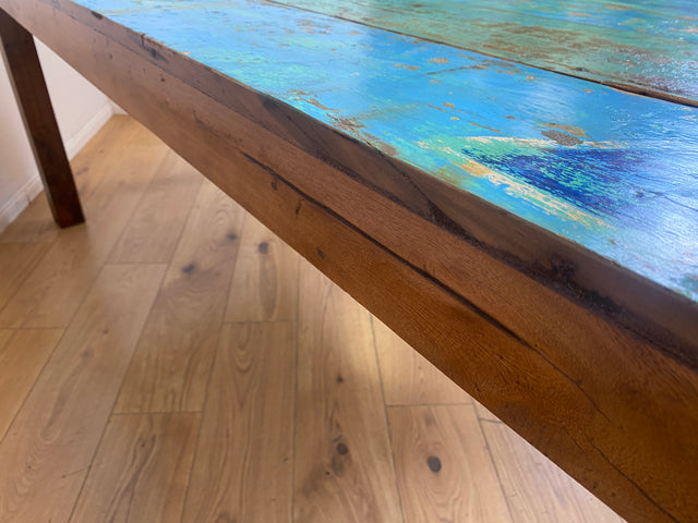 Einzigartiger 200x90cm großer meeresblauer Esstisch handgefertigt aus altem Bootsholz  I Teakholz massiv I Tisch Küchentisch Gartentisch Holztisch Dining Table I
