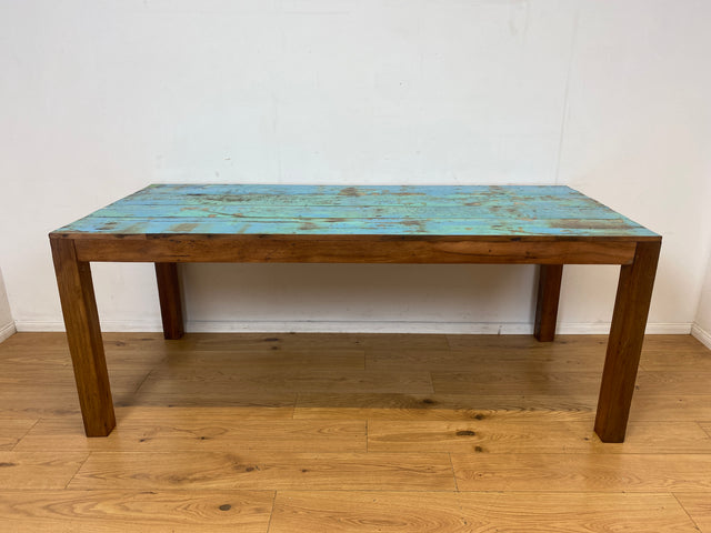 Einzigartiger 200x90cm großer meeresblauer Esstisch handgefertigt aus altem Bootsholz  I Teakholz massiv I Tisch Küchentisch Gartentisch Holztisch Dining Table I
