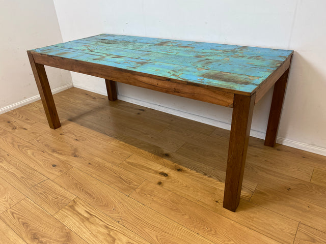 Einzigartiger 200x90cm großer meeresblauer Esstisch handgefertigt aus altem Bootsholz  I Teakholz massiv I Tisch Küchentisch Gartentisch Holztisch Dining Table I