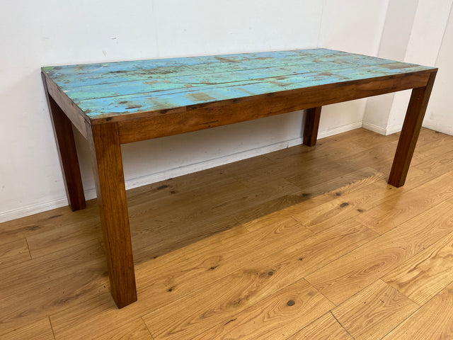 Einzigartiger 200x90cm großer meeresblauer Esstisch handgefertigt aus altem Bootsholz  I Teakholz massiv I Tisch Küchentisch Gartentisch Holztisch Dining Table I