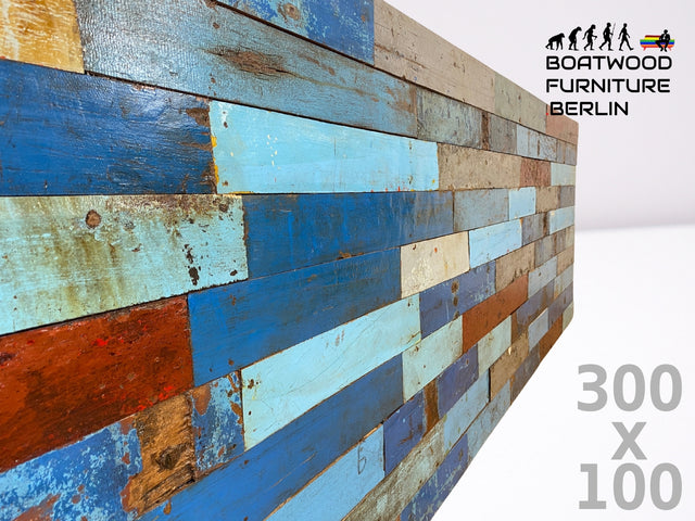 Boatwood by WMK I Buntes handgefertigtes 300x100cm großes Paneel aus altem Bootsholz I Holzpaneel Wandpaneel Trennwand Wandbild Holz Bild Tafel Platte Treibholz Meer Gemälde Patchwork Dekor Wanddekor