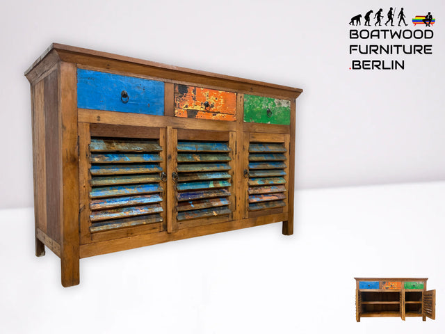 Besondere Anrichte handgefertigt aus altem Bootsholz mit Lamellen Türen & Schubladen I Teakholz I Schrank Sideboard Kommode Büfett Küchenschrank Wäscheschrank I