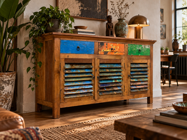 Besondere Anrichte handgefertigt aus altem Bootsholz mit Lamellen Türen & Schubladen I Teakholz I Schrank Sideboard Kommode Büfett Küchenschrank Wäscheschrank I