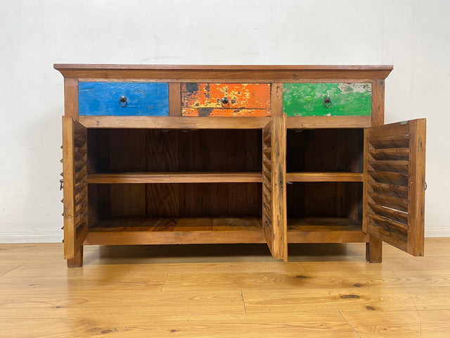 Besondere Anrichte handgefertigt aus altem Bootsholz mit Lamellen Türen & Schubladen I Teakholz I Schrank Sideboard Kommode Büfett Küchenschrank Wäscheschrank I