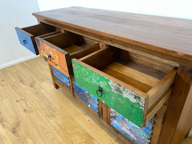 Besondere Anrichte handgefertigt aus altem Bootsholz mit Lamellen Türen & Schubladen I Teakholz I Schrank Sideboard Kommode Büfett Küchenschrank Wäscheschrank I