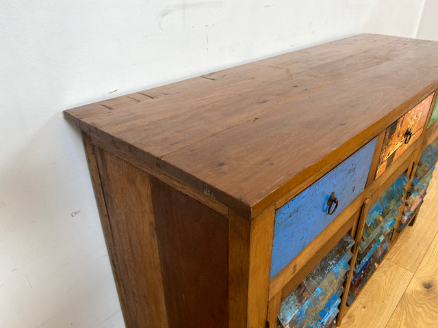 Besondere Anrichte handgefertigt aus altem Bootsholz mit Lamellen Türen & Schubladen I Teakholz I Schrank Sideboard Kommode Büfett Küchenschrank Wäscheschrank I