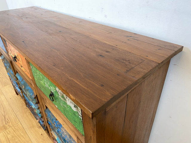 Besondere Anrichte handgefertigt aus altem Bootsholz mit Lamellen Türen & Schubladen I Teakholz I Schrank Sideboard Kommode Büfett Küchenschrank Wäscheschrank I