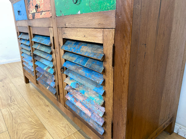 Besondere Anrichte handgefertigt aus altem Bootsholz mit Lamellen Türen & Schubladen I Teakholz I Schrank Sideboard Kommode Büfett Küchenschrank Wäscheschrank I