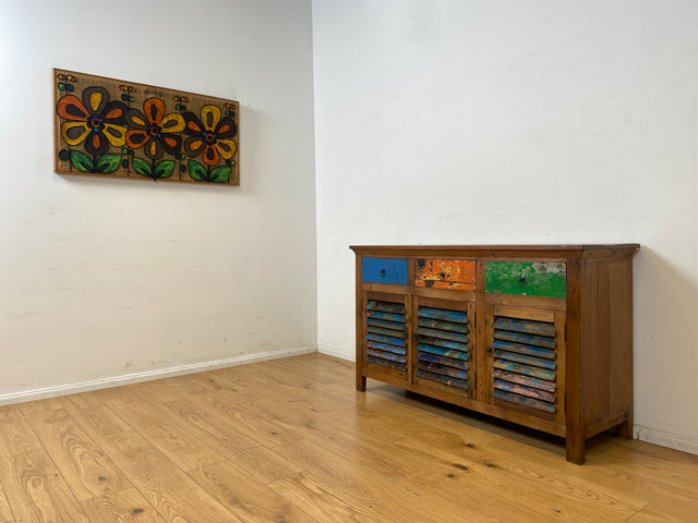 Besondere Anrichte handgefertigt aus altem Bootsholz mit Lamellen Türen & Schubladen I Teakholz I Schrank Sideboard Kommode Büfett Küchenschrank Wäscheschrank I