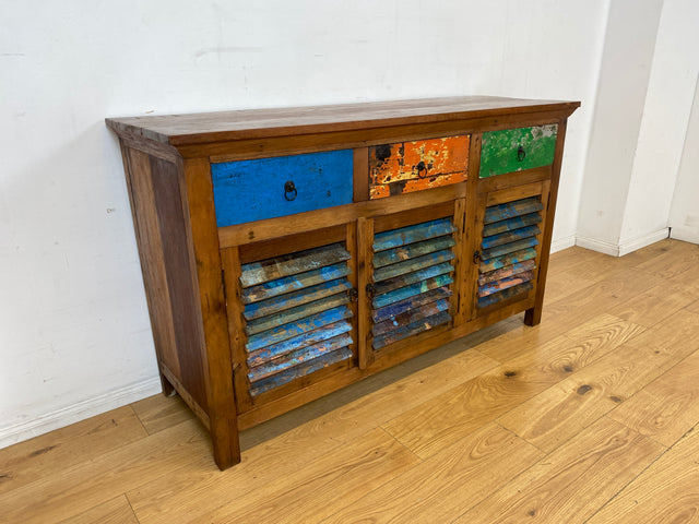 Besondere Anrichte handgefertigt aus altem Bootsholz mit Lamellen Türen & Schubladen I Teakholz I Schrank Sideboard Kommode Büfett Küchenschrank Wäscheschrank I