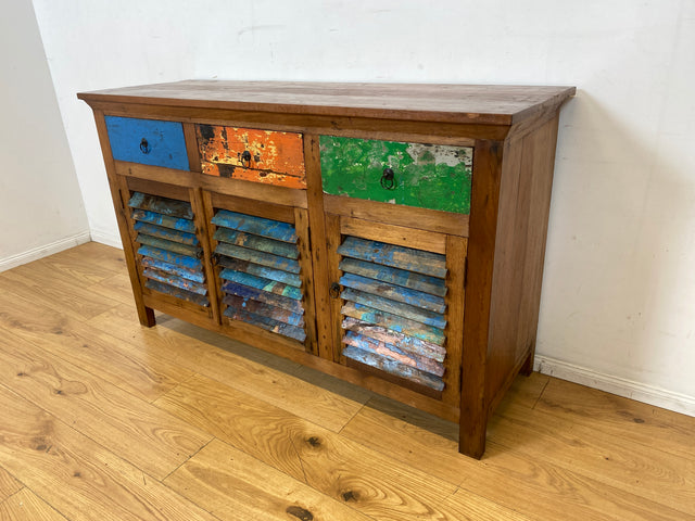 Besondere Anrichte handgefertigt aus altem Bootsholz mit Lamellen Türen & Schubladen I Teakholz I Schrank Sideboard Kommode Büfett Küchenschrank Wäscheschrank I