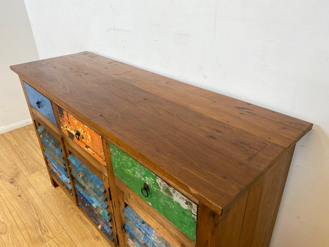 Besondere Anrichte handgefertigt aus altem Bootsholz mit Lamellen Türen & Schubladen I Teakholz I Schrank Sideboard Kommode Büfett Küchenschrank Wäscheschrank I