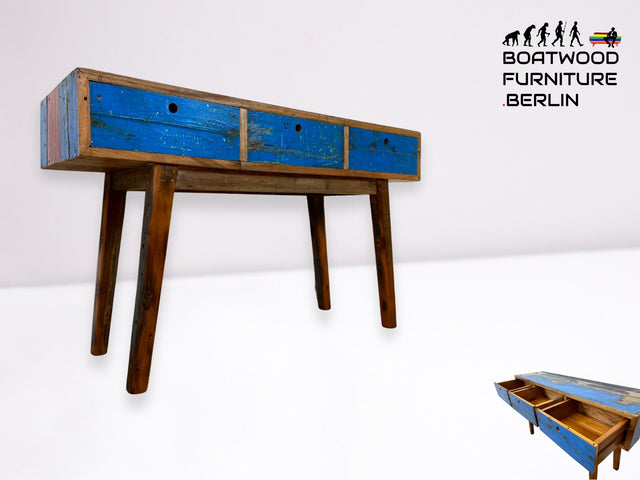 Boatwood by WMK I Einzigartige blaue Konsole handgefertigt aus altem Bootsholz in Originalfarbe mit Schubladen I Teakholz I Schrank Sideboard Kommode Ablage Flurkommode Anrichte Berlin Köln Schwerin