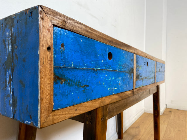 Boatwood by WMK I Einzigartige blaue Konsole handgefertigt aus altem Bootsholz in Originalfarbe mit Schubladen