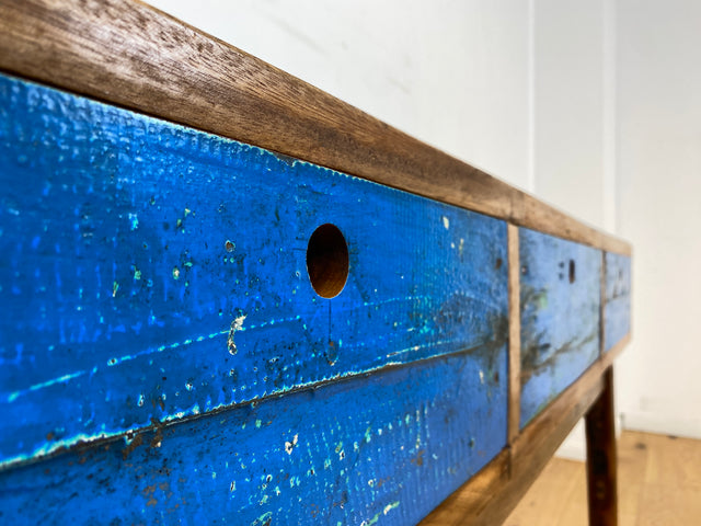 Boatwood by WMK I Einzigartige blaue Konsole handgefertigt aus altem Bootsholz in Originalfarbe mit Schubladen