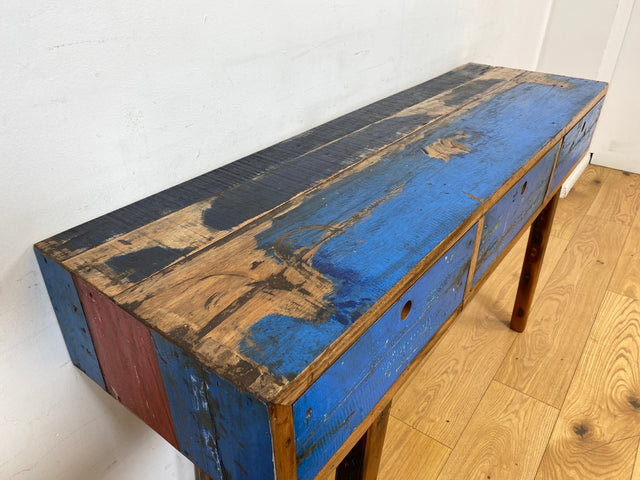Boatwood by WMK I Einzigartige blaue Konsole handgefertigt aus altem Bootsholz in Originalfarbe mit Schubladen