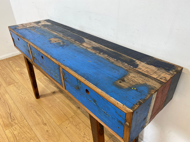 Boatwood by WMK I Einzigartige blaue Konsole handgefertigt aus altem Bootsholz in Originalfarbe mit Schubladen