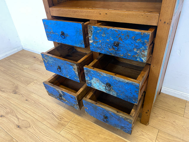 Schöner hoher Bücherschrank handgefertigt aus altem Bootsholz mit Schubladen I Regal Bücherregal Highboard Schrank Holzregal Küchenregal Küchenschrank I