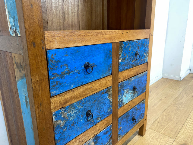 Schöner hoher Bücherschrank handgefertigt aus altem Bootsholz mit Schubladen I Regal Bücherregal Highboard Schrank Holzregal Küchenregal Küchenschrank I