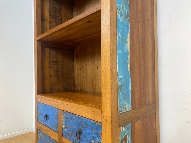 Schöner hoher Bücherschrank handgefertigt aus altem Bootsholz mit Schubladen I Regal Bücherregal Highboard Schrank Holzregal Küchenregal Küchenschrank I