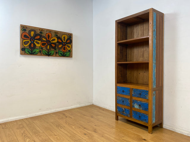 Schöner hoher Bücherschrank handgefertigt aus altem Bootsholz mit Schubladen I Regal Bücherregal Highboard Schrank Holzregal Küchenregal Küchenschrank I