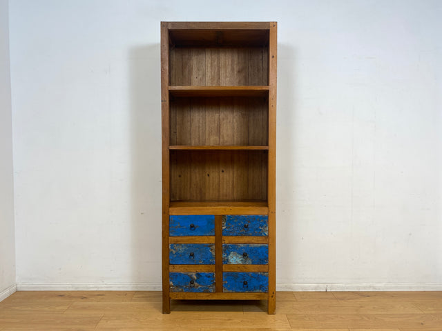 Schöner hoher Bücherschrank handgefertigt aus altem Bootsholz mit Schubladen I Regal Bücherregal Highboard Schrank Holzregal Küchenregal Küchenschrank I