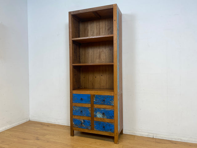 Schöner hoher Bücherschrank handgefertigt aus altem Bootsholz mit Schubladen I Regal Bücherregal Highboard Schrank Holzregal Küchenregal Küchenschrank I