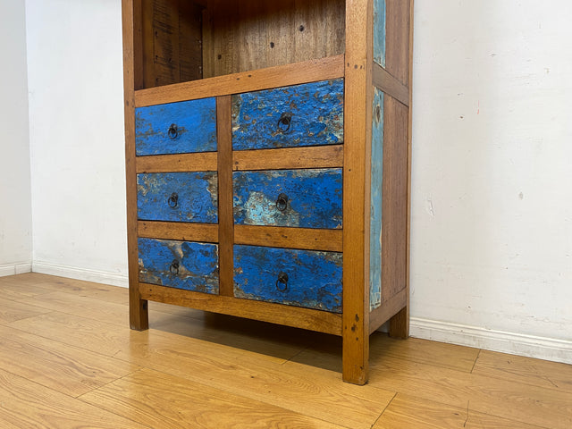 Schöner hoher Bücherschrank handgefertigt aus altem Bootsholz mit Schubladen I Regal Bücherregal Highboard Schrank Holzregal Küchenregal Küchenschrank I