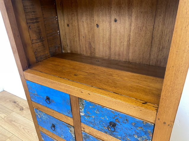 Schöner hoher Bücherschrank handgefertigt aus altem Bootsholz mit Schubladen I Regal Bücherregal Highboard Schrank Holzregal Küchenregal Küchenschrank I