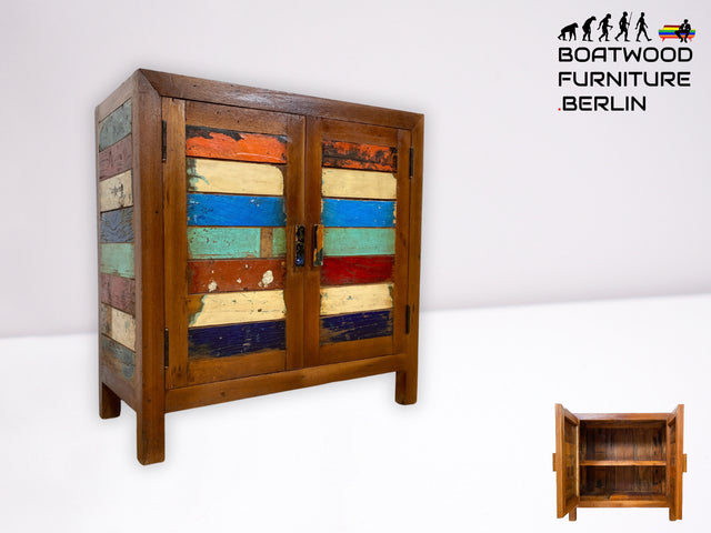 Detailreiche Kommode handgefertigt aus altem Bootsholz in Originalfarben I Sideboard Wäschekommode Flurkommode Schuhschrank Schuhkommode Badschrank Teakholz I