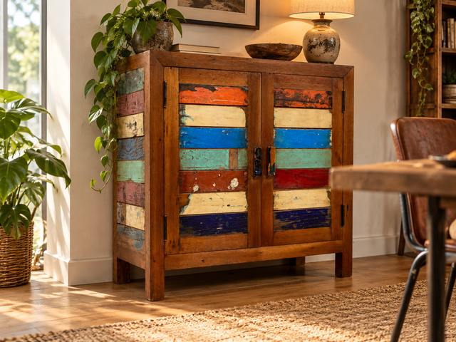 Detailreiche Kommode handgefertigt aus altem Bootsholz in Originalfarben I Sideboard Wäschekommode Flurkommode Schuhschrank Schuhkommode Badschrank Teakholz I